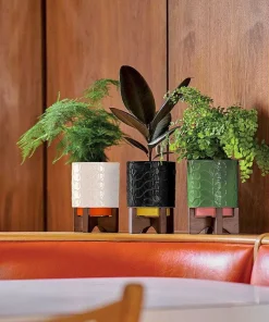 Orla Kiely Gifts Under £100-Debossed Plant Pot On Wooden Stand
